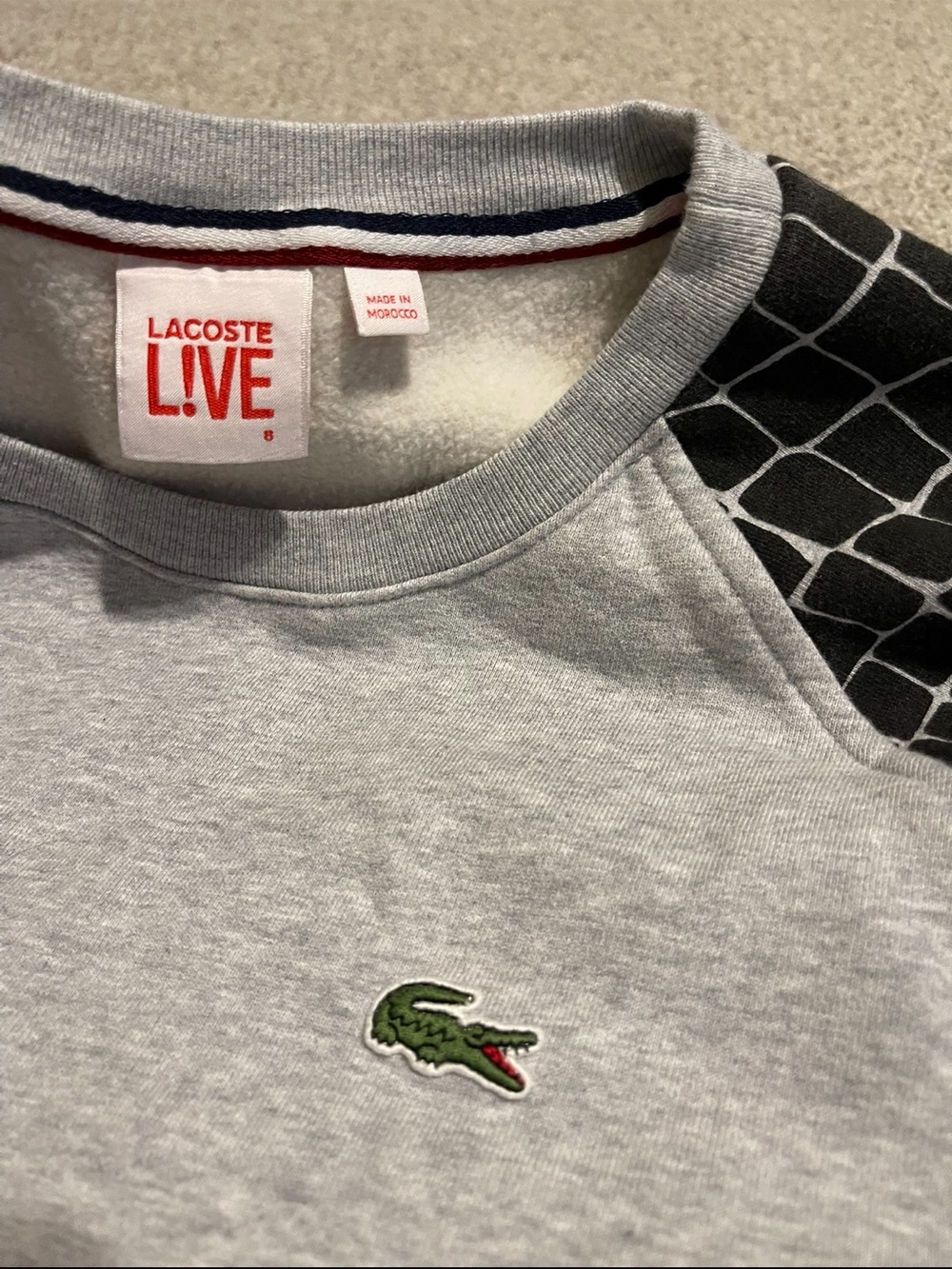 Lacoste Light Gray Crewneck Sweatshirt with Black Patterned Shoulders